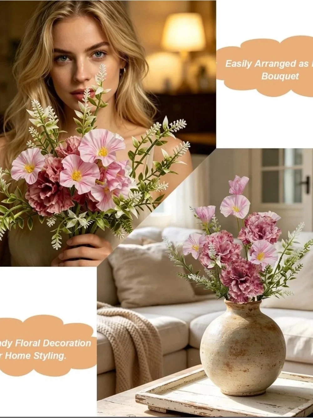 Pink Artificial Carnation & Morning Glory Flowers with Stems 2 Pack